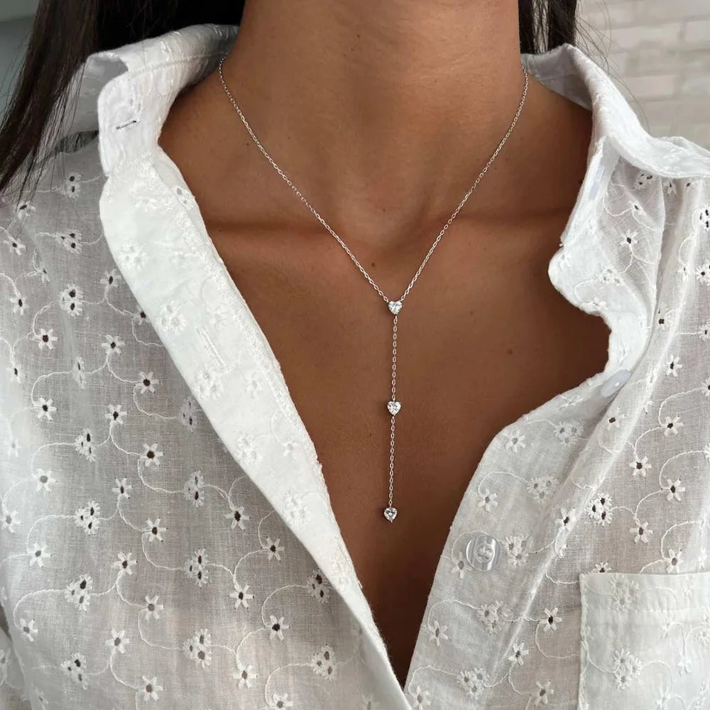 Stonefans Simple Metal Chain Heart Necklace Crystal Jewelry for Women Fashion Y Shape Neckalce Thin Chain Choker Accessories