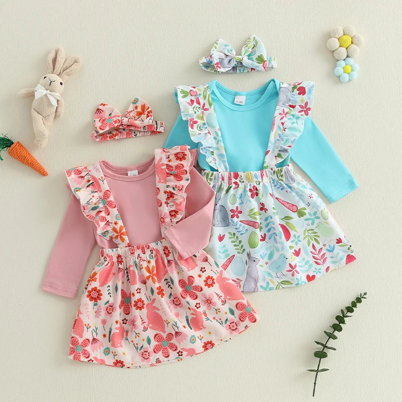 Adorable Infant Easter Ensemble with Bunny Print Suspender Skirt Solid Romper and Matching Headband - 3-Piece Set for Baby