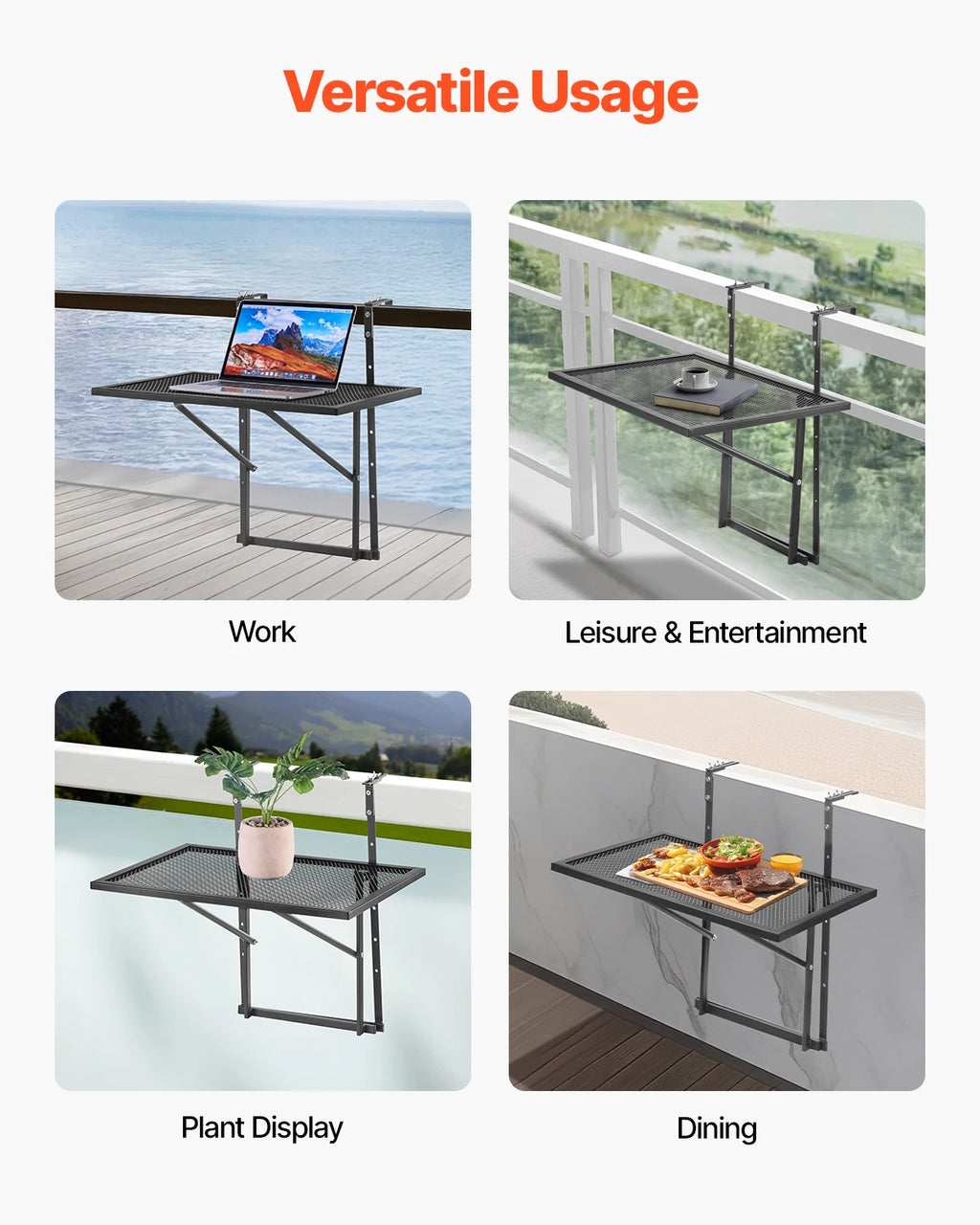 VEVOR Balcony Hanging Table Metal Folding Balcony Railing Table Outdoor Balcony Bar Table for Railings Serving Table for Patio