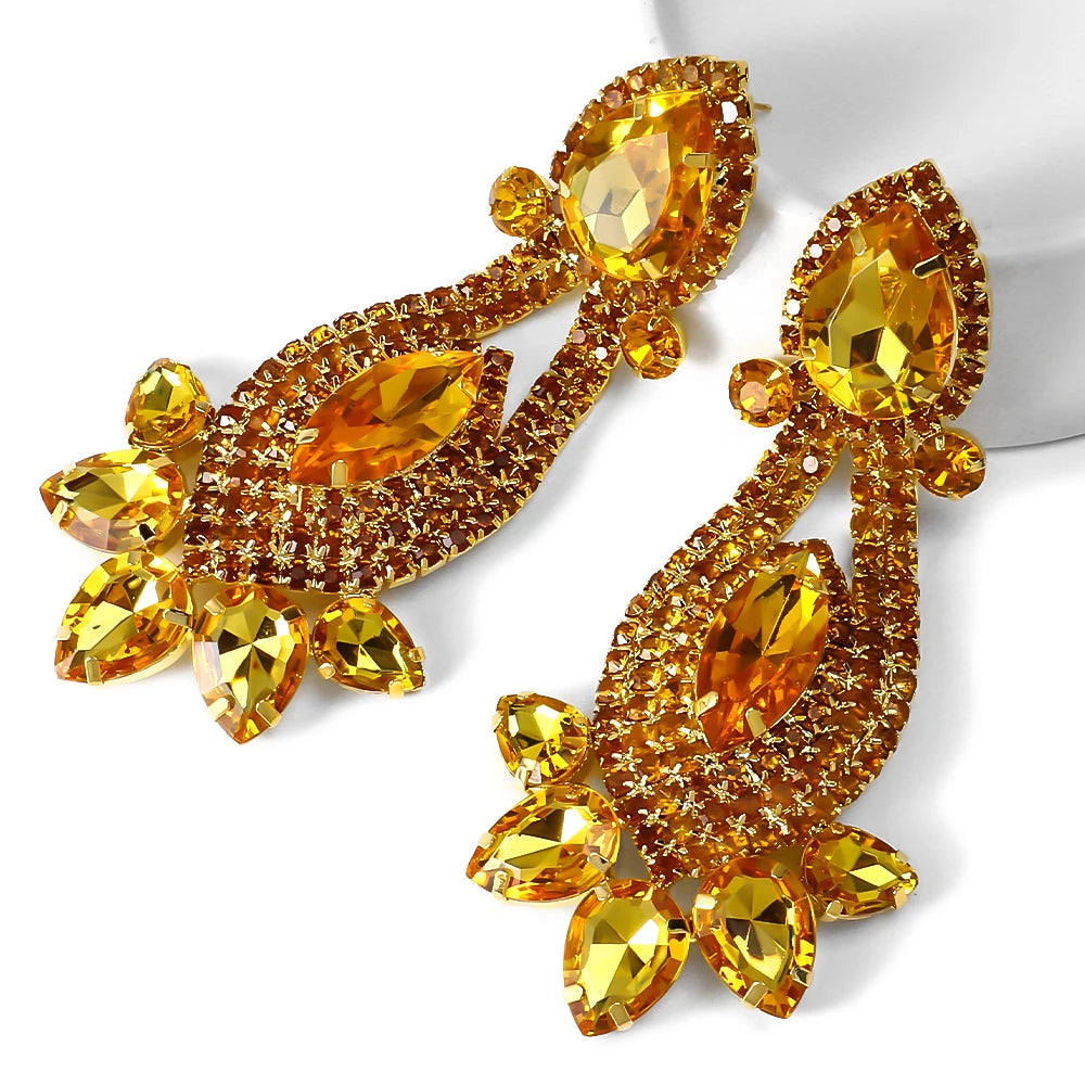 Stonefans Water Drop Tassel Necklace Earrings Sets Banquet for Women 2024 Statement Yellow Rhinestone Jewelry Set Bridal Gifts