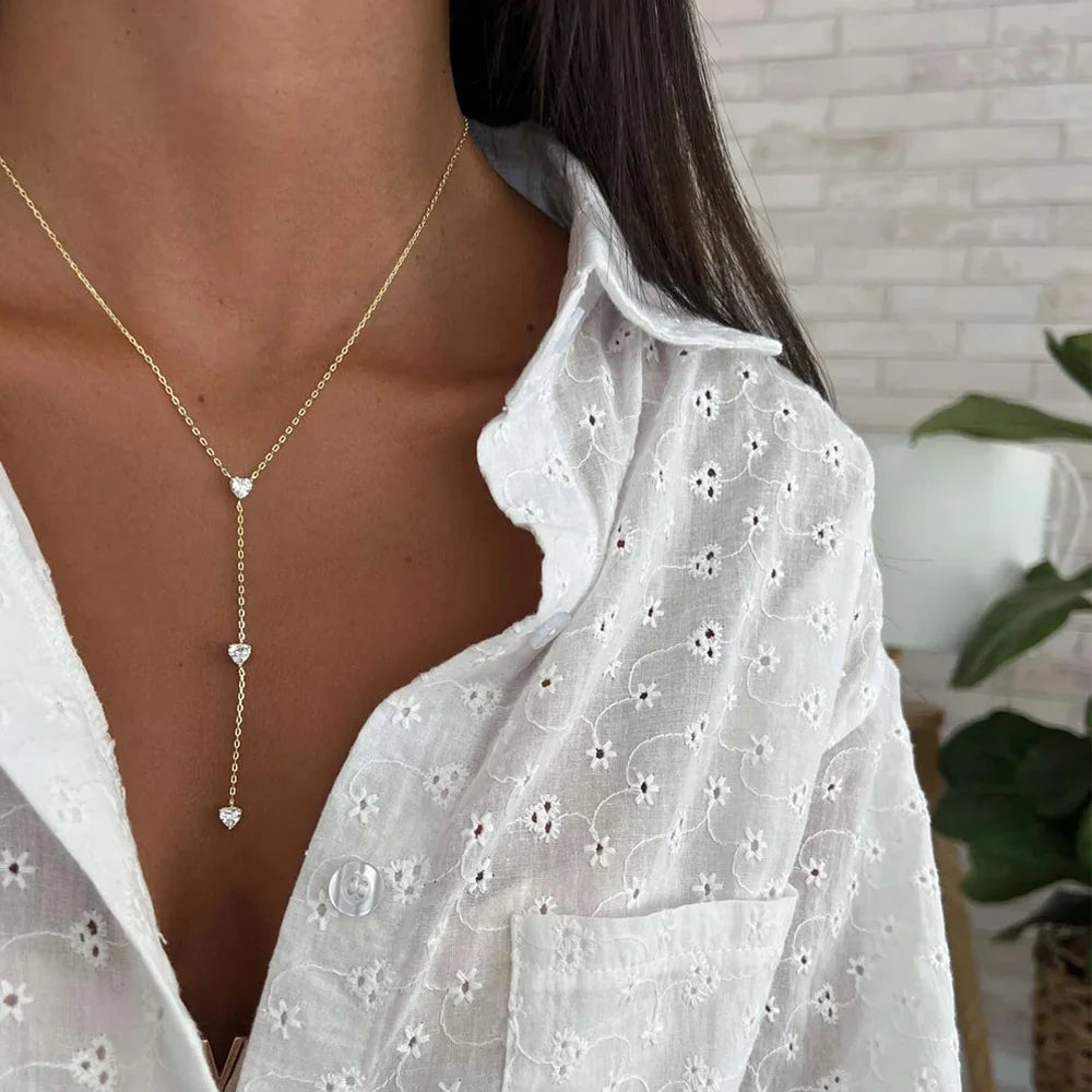 Stonefans Simple Metal Chain Heart Necklace Crystal Jewelry for Women Fashion Y Shape Neckalce Thin Chain Choker Accessories