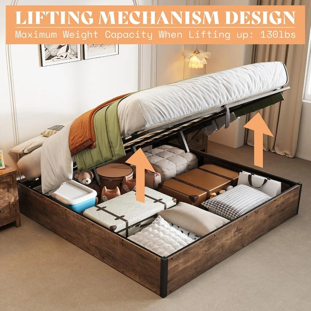 Lift Up Storage Bed, Queen Bed Frame with Storage Underneath, Wooden Platform Bed Frame, Solid Wood Slats Support