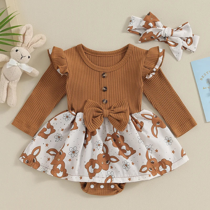 Toddler Easter Dress Short Sleeve Floral Print A-line Romper with Bunny Ear Headband Set for Baby Girls Spring Outfit