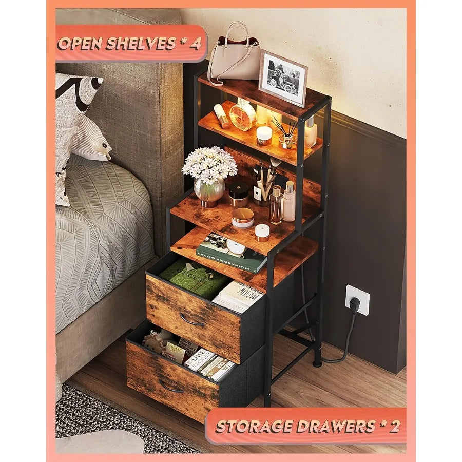 Nightstand Set of 2 with Charging Station LED Night Stand Sets with 2 Drawers and 4 Storage Open Shelves Fabric Dressers
