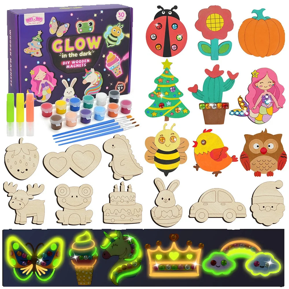 DIY Wooden Magnets Wood Crafts Kit for Kids Glow in The Dark, Arts Supplies Painting Kit, Fun Party Favors for Christmas Gifts
