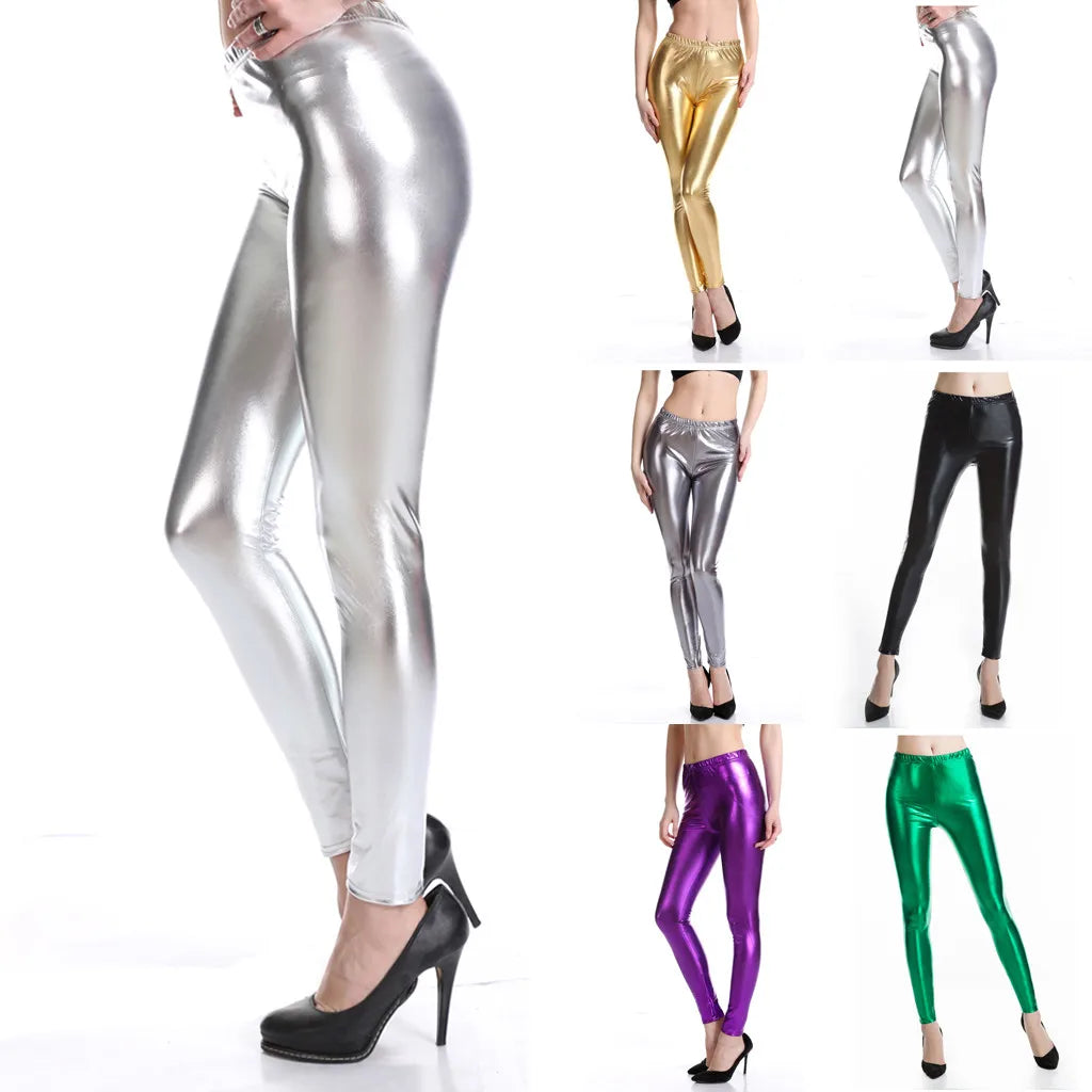 Womens Metallic Color PU Leggings Faux Leather Slim Fit Ladies Legging Dancing Party Pants Sexy Night Club Skinny Tight Trousers