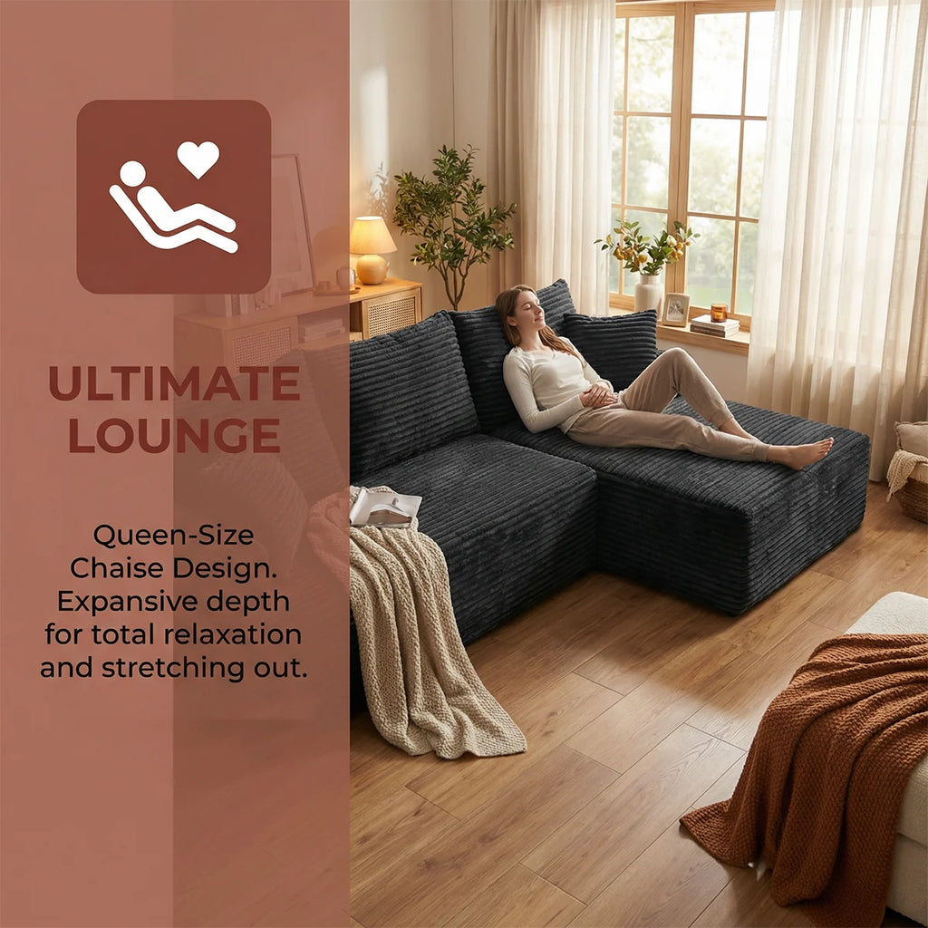 95" L-Shaped Sofa Chaise, No Assembly Required, Rabbit Fleece Upholstery, Ultra Soft & Comfortable, Ready to Use Out of the Box