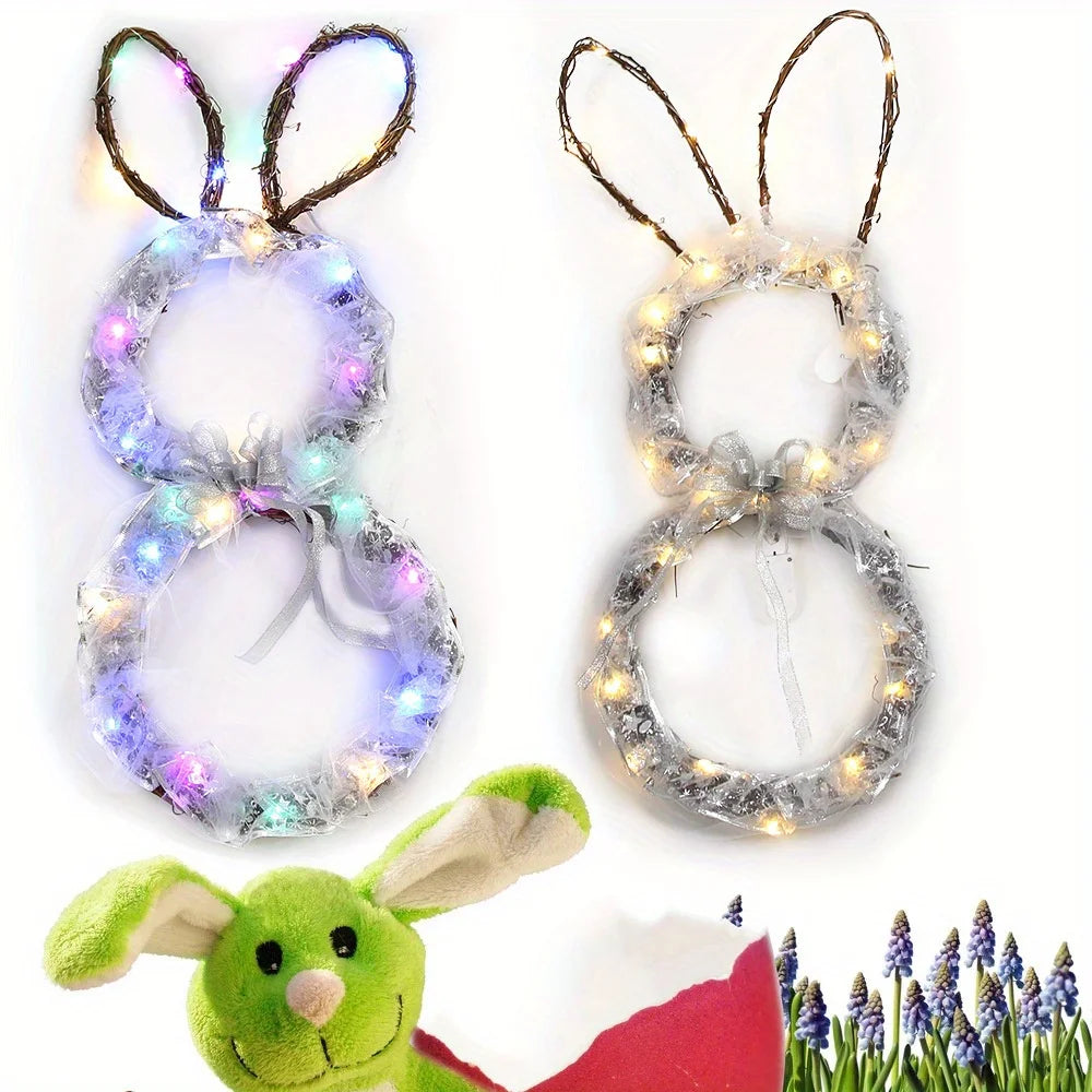 23.6in Large Easter Bunny Wreath with Led Lights, Battery-Powered, Foldable, Glowing Rabbit Wreath Pendant for Easter