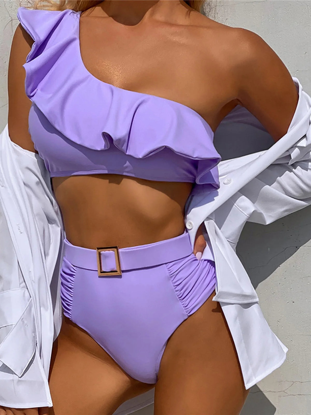 One Shoulder Ruffled Female Swimsuit High Waist Bikini Women Swimwear Two-pieces Bikini set Belt Bather Bathing Suit Swim K2866C
