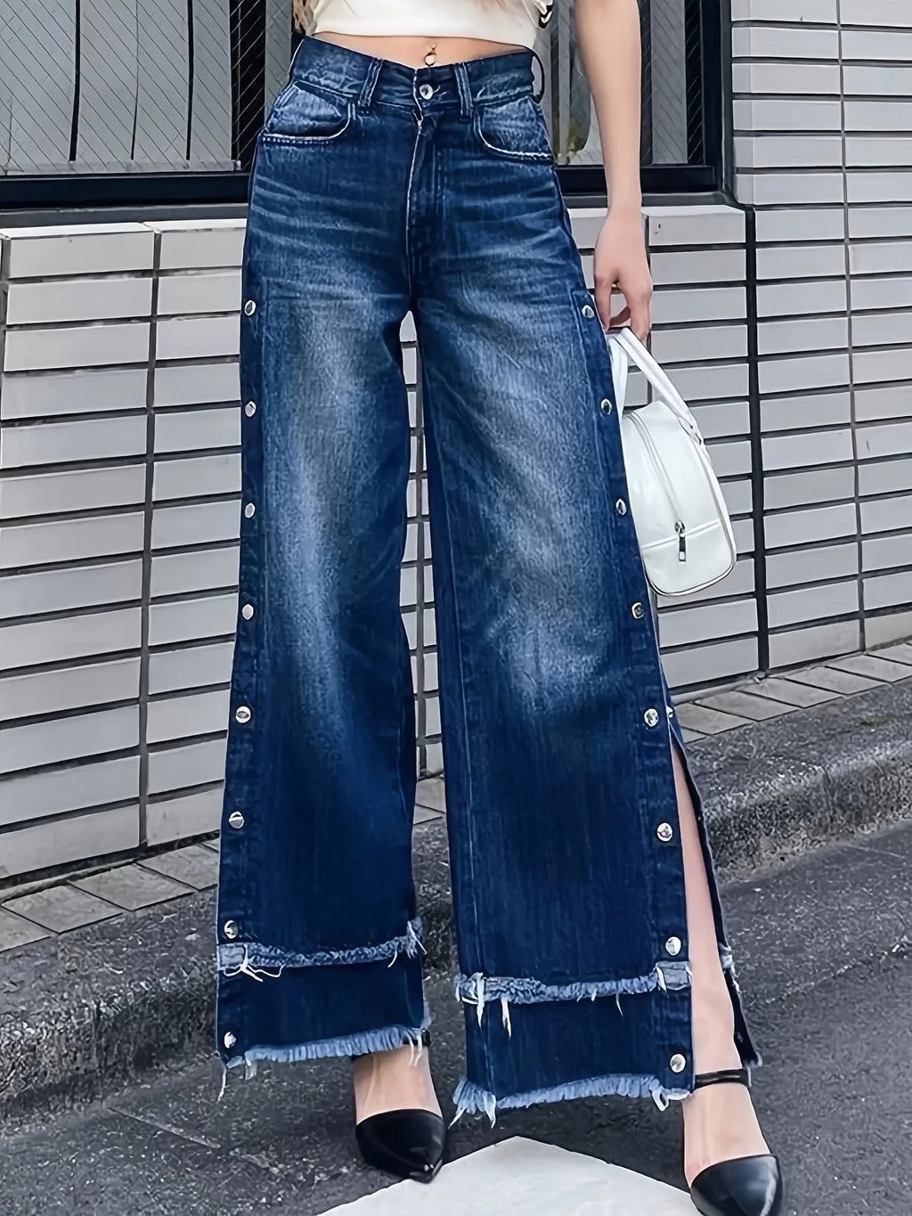 Women's casual wide-leg jeans, mid-rise, fashionable adjustable side buttons, double-layer frayed hem, ankle-length, essential f