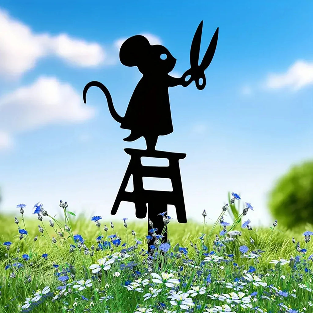 1pc silhouette metal garden post with scissors mouse design, art deco lawn sign, creative animal sculpture decorations