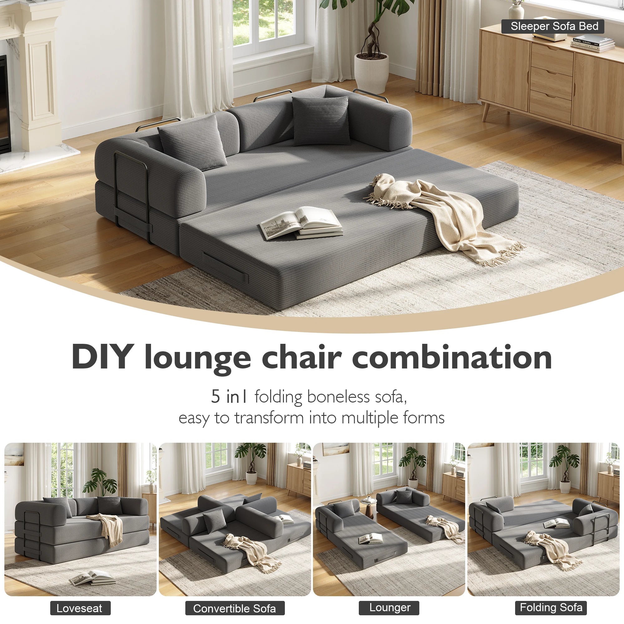 Convertible Floor Sofa Bed with Fixed-Shape Frame,  5-in-1 DIY Combination Modular Sofa,  for Living Room Bedroom Playroom