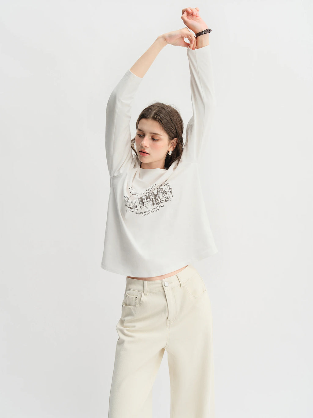 DUSHU Plus Size Casual Urban Letter Print Long-sleeved T-shirt Women White Round Neck All-match Basics Slimming Top Aesthetic