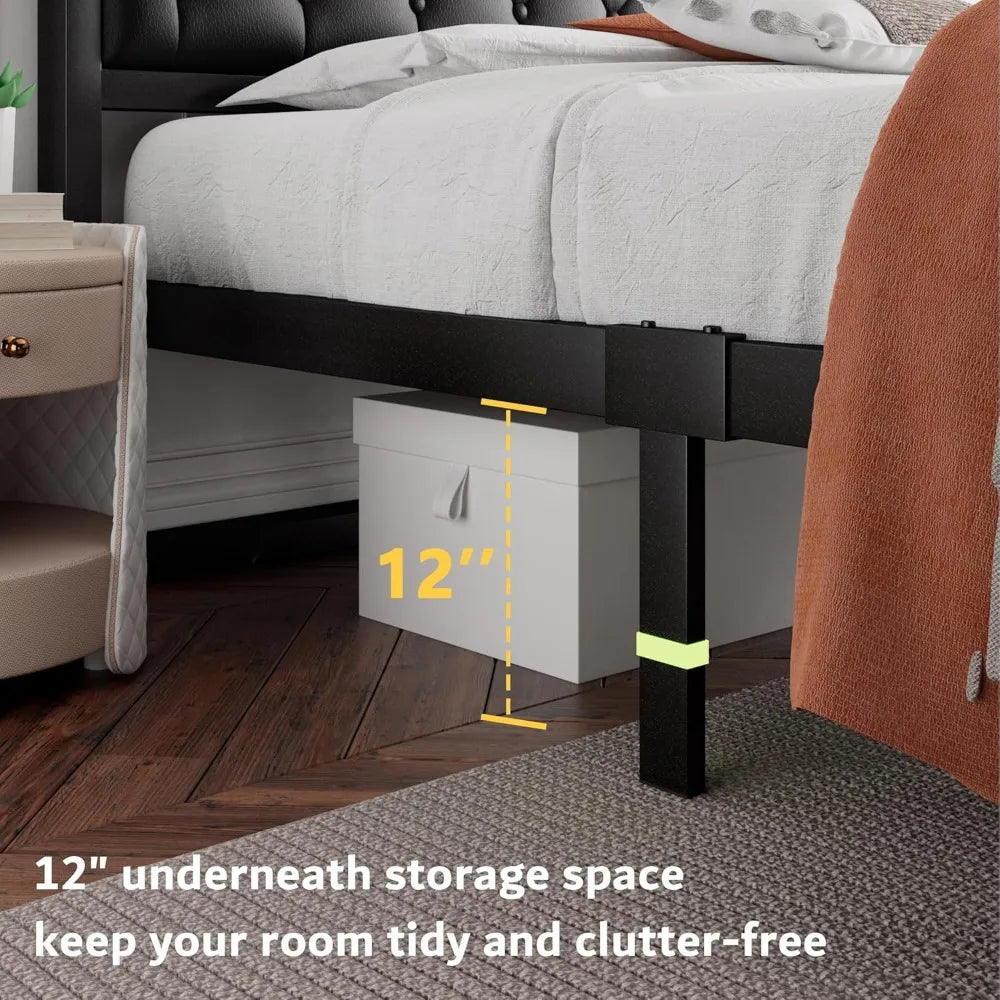 Double Bed Frame with Headboard, Faux Leather Upholstery, All-metal Bed Board Supporting Platform, 12 Inches of Under-bed Space