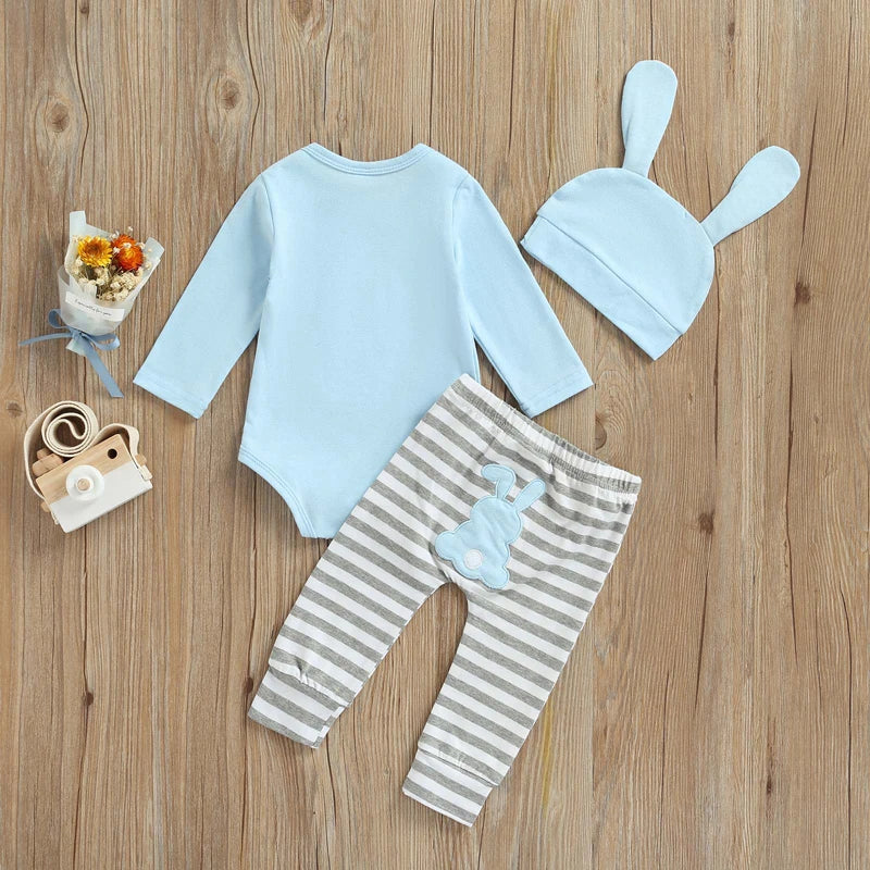 Adorable Infant Easter Outfit 3-Piece Bundle Cute Bunny Print Bodysuit Matching Striped Bottoms Bunny Ear Beanie