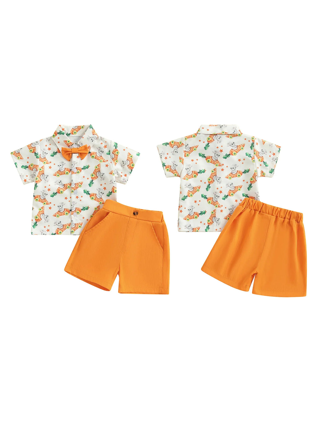 Toddler Boy Easter Outfit Bunny Rabbit Print Short Sleeve Button-up Shirt with Bowtie and Solid Shorts 2 Piece Set - Spring
