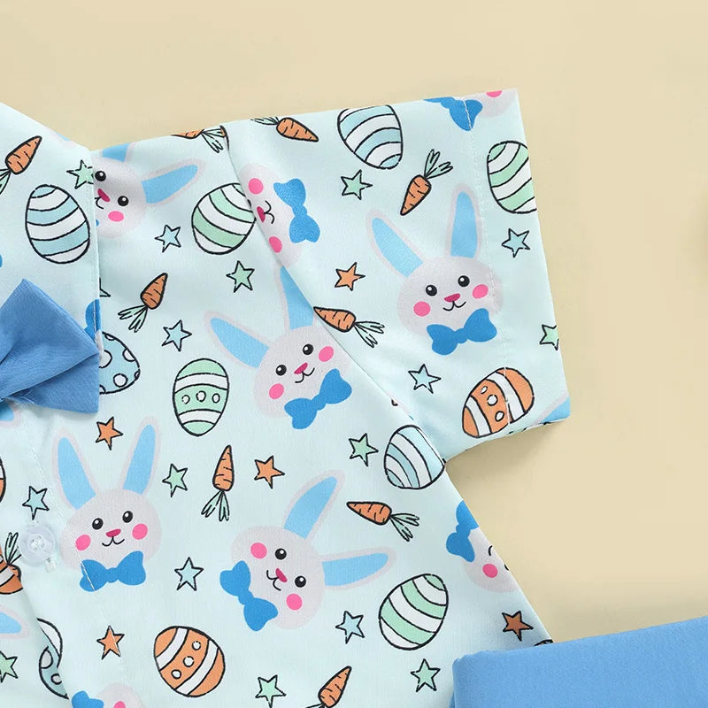 Toddler Boy Easter Outfit Bunny Egg Short Sleeve Button-up Shirt with Bowtie Solid Shorts 2 Piece Set for Spring Festivities