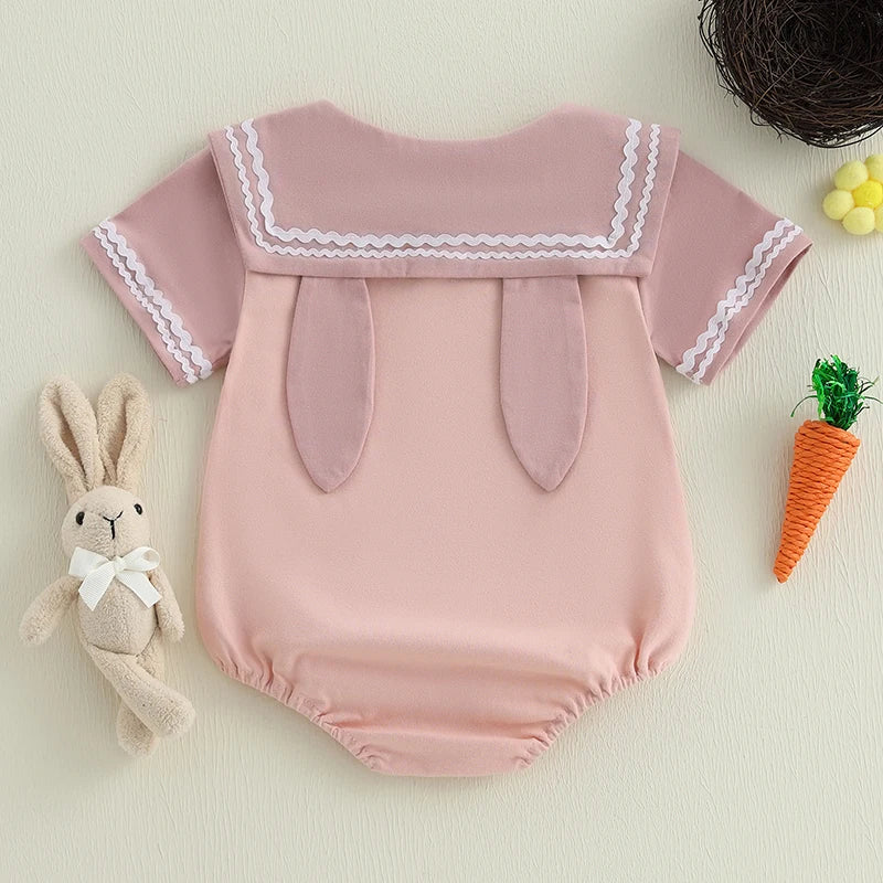 Adorable Infant Easter Jumpsuit with Sweetheart Neckline and Bunny Appliqué Short Sleeve Newborn Sailor Romper Outfit