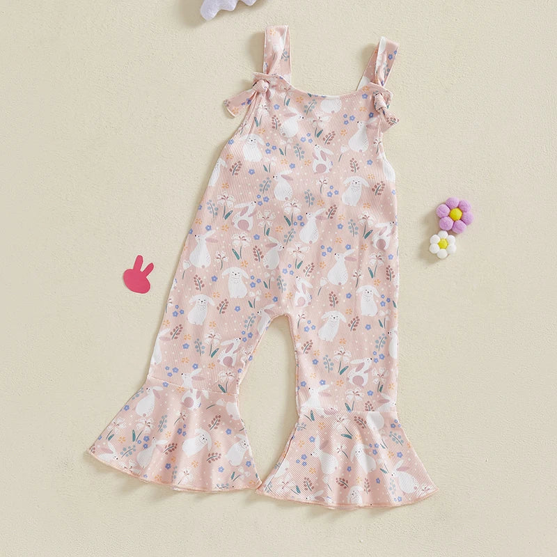 Toddler Easter Bunny Romper Sleeveless Jumpsuit with Egg Print Suspender Pants for Girls Spring Outfit Casual Wear
