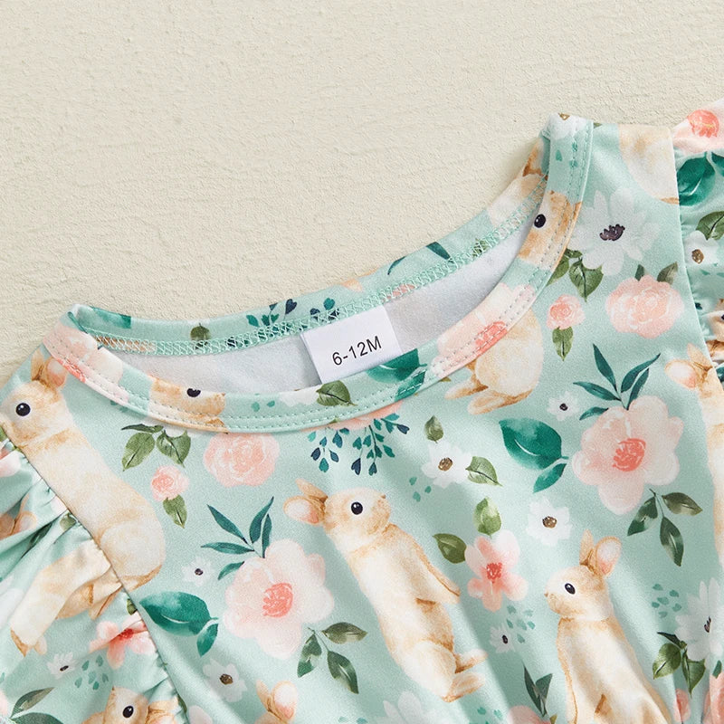 Baby Girl Easter Outfit Pink Floral Print Ruffle Sleeve Round Neck A-Line Dress for Spring and Summer Celebrations