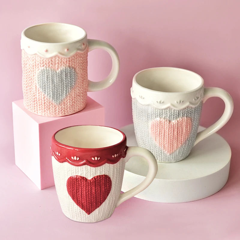 480ml Large Ceramic Coffee Mug Kawaii Bowknot Tea Cup Pink Wool Knitting Mug Dishwasher and Microwave Safe