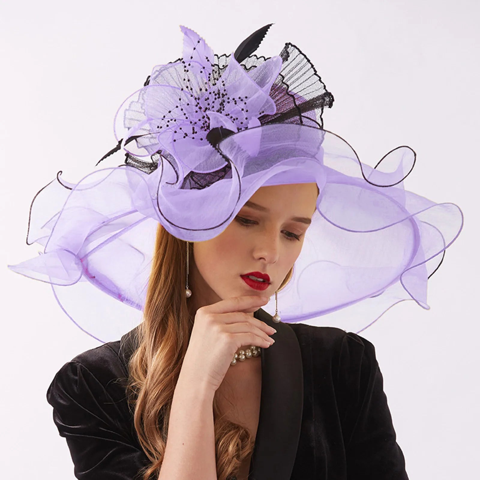 Women Elegant Sun Hats Wide Brim Organza Fedoras Wedding Derby Tea Party Fascinator Hat Summer Floral Sunhats Ladies Beach Cap