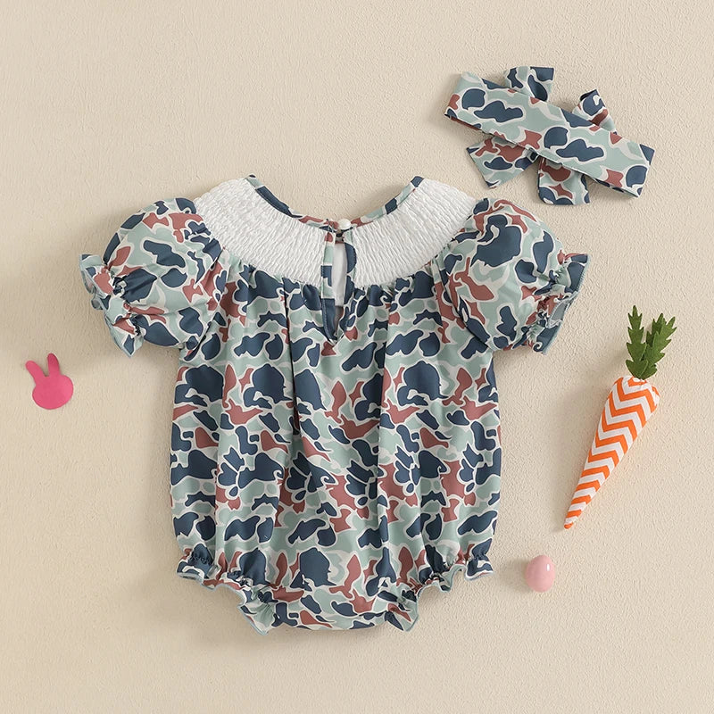 Toddler Girls Easter Outfits Bunny Embroidered Short Sleeve Rompers Round Neck Summer Jumpsuits Bodysuits for Infants