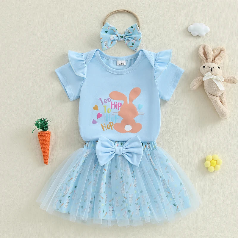 Adorable Baby Girl Easter Outfits with Bunny Print Romper Skirt and Headband - 3 Piece Clothing Set for Spring Celebrations