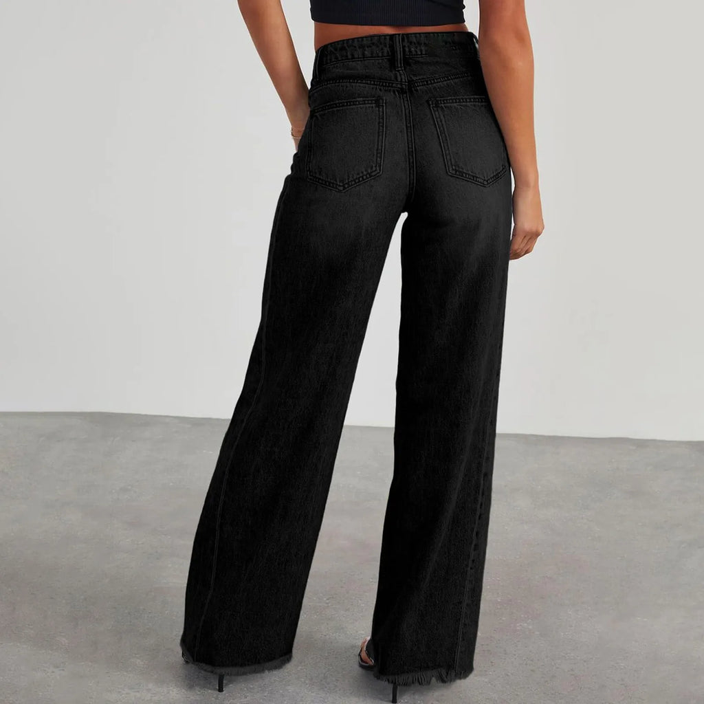 Retro High Waist Straight Leg Jeans Women's Fashion Cross-Border Frayed Hem New Style Side Seam Patchwork Distressed