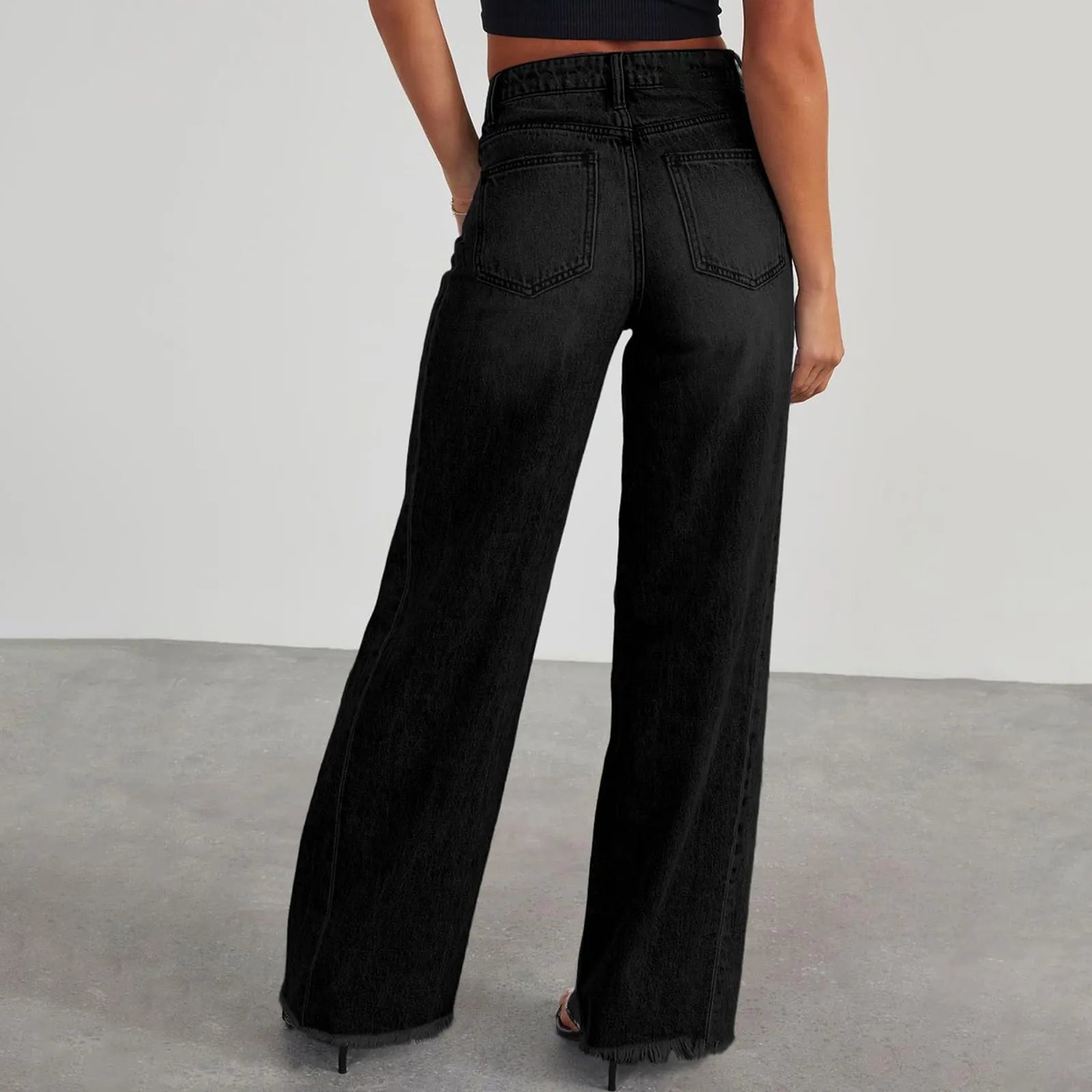 Retro High Waist Straight Leg Jeans Women's Fashion Cross-Border Frayed Hem New Style Side Seam Patchwork Distressed