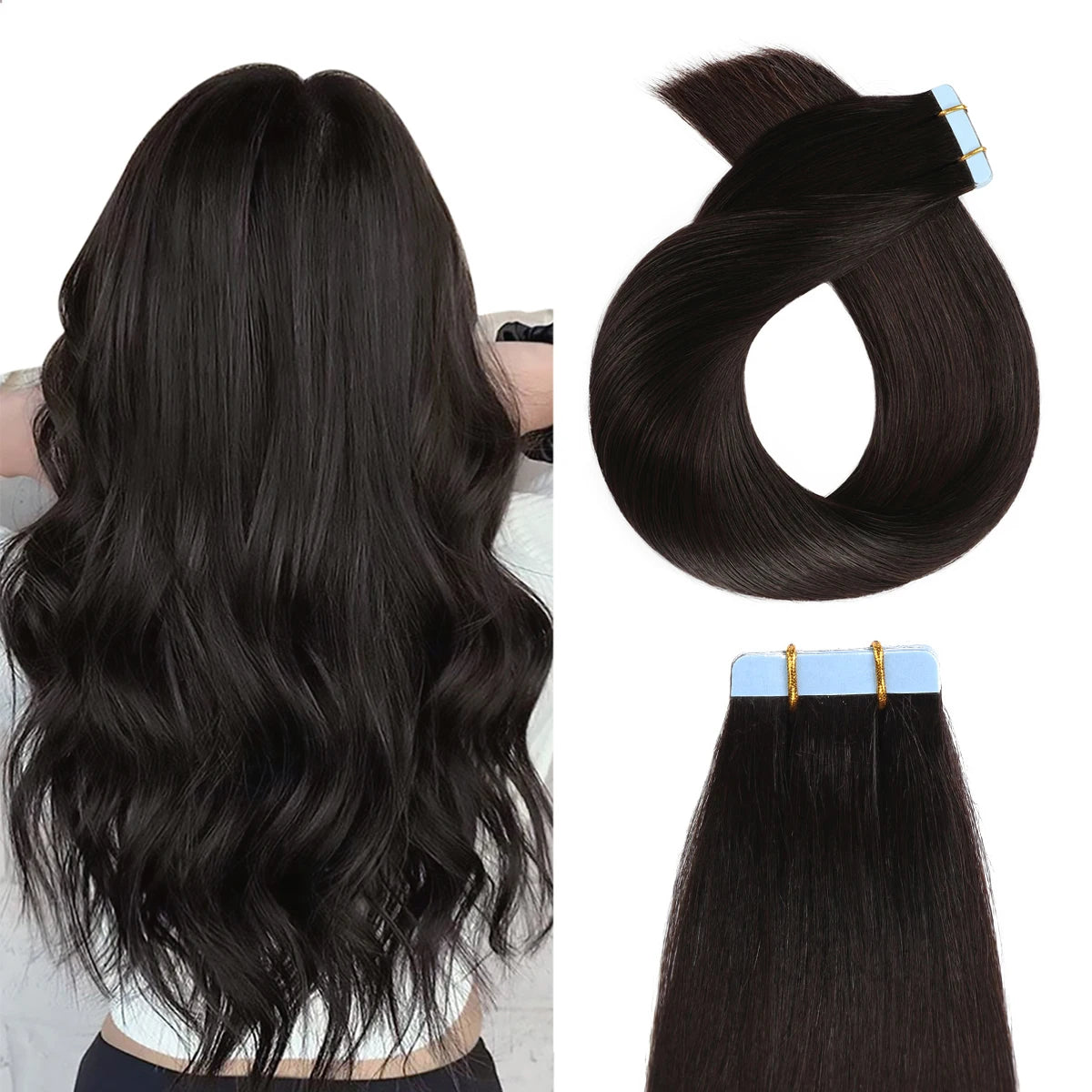 Jet Black #1 Tape In Hair Extensions Human Hair 12-24 Inches 50g 20Pcs/Pack Tape Ins Human Hair Extensions Real Human Hair Tape