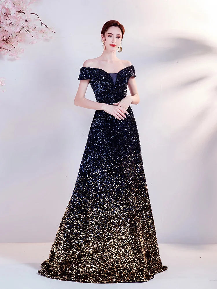 One Shoulder Evening Gown New Gradient Black Annual Party Stage Performance Host Walking Fish Tail Dress for Women 2026
