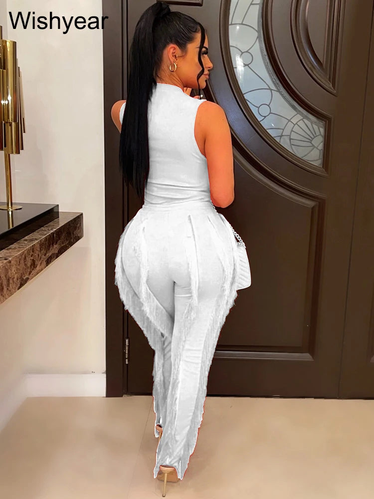 Fashion Sleeveless Top and Drawstring High Waist Fringed Straight Pants Tassel Two Piece Sets Women Streetwear Autumn Tracksuit