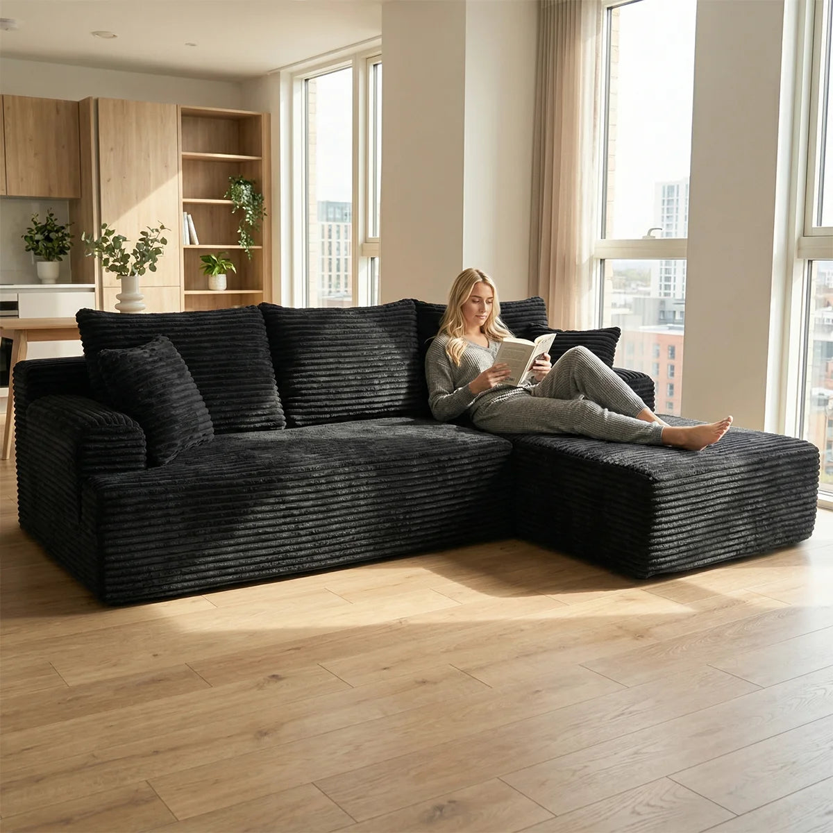 95" L-Shaped Sofa Chaise, No Assembly Required, Rabbit Fleece Upholstery, Ultra Soft & Comfortable, Ready to Use Out of the Box