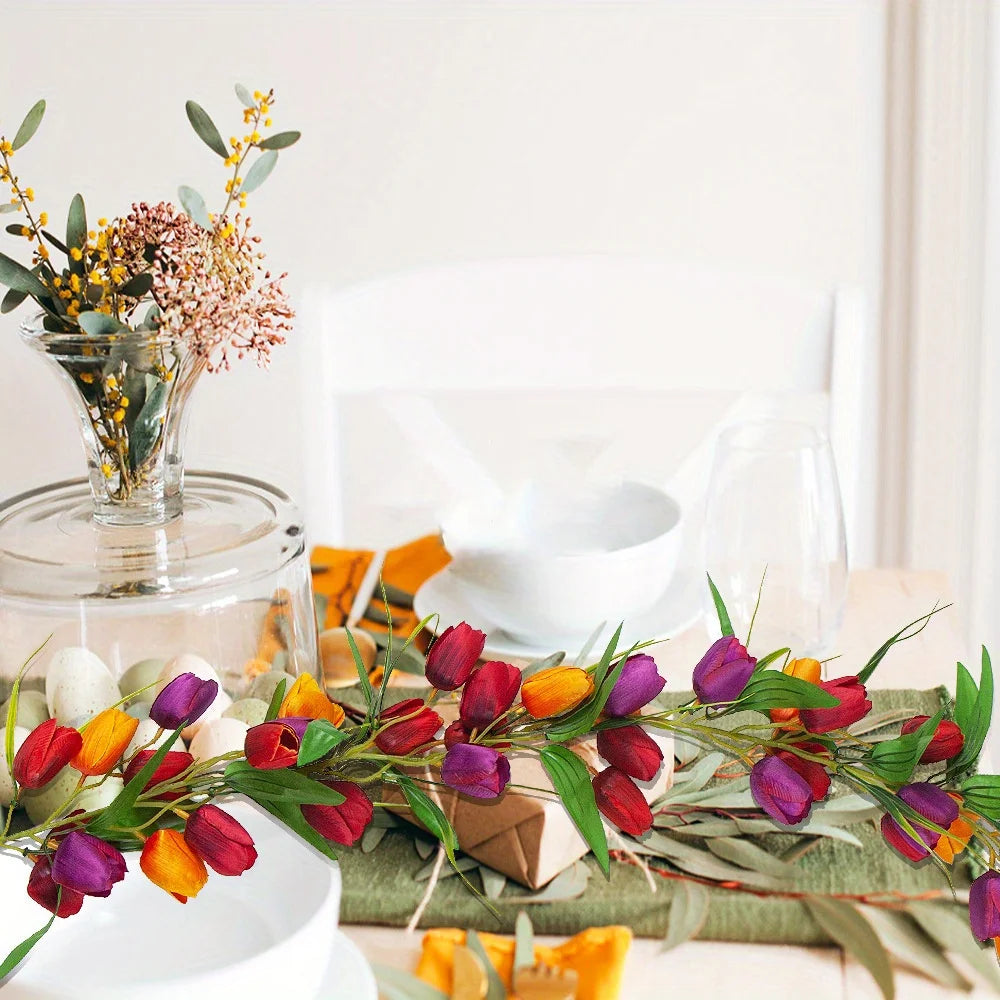 Easter Tulip Garland 6.5ft Artificial Spring Garland Easter Decorations Garland with Tulip Flower Green Leaves Hanging