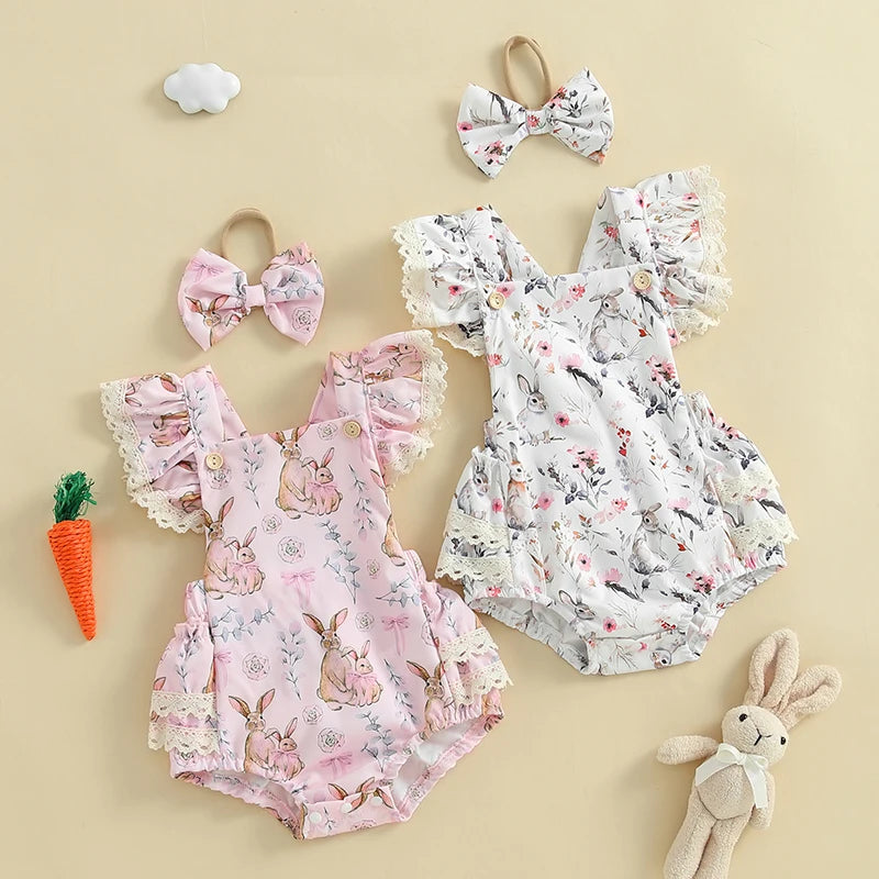 Toddler Girls Floral Bunny Print Lace Trim Flutter Sleeve Romper with Bow Headband Easter Outfit Set 2 Pieces