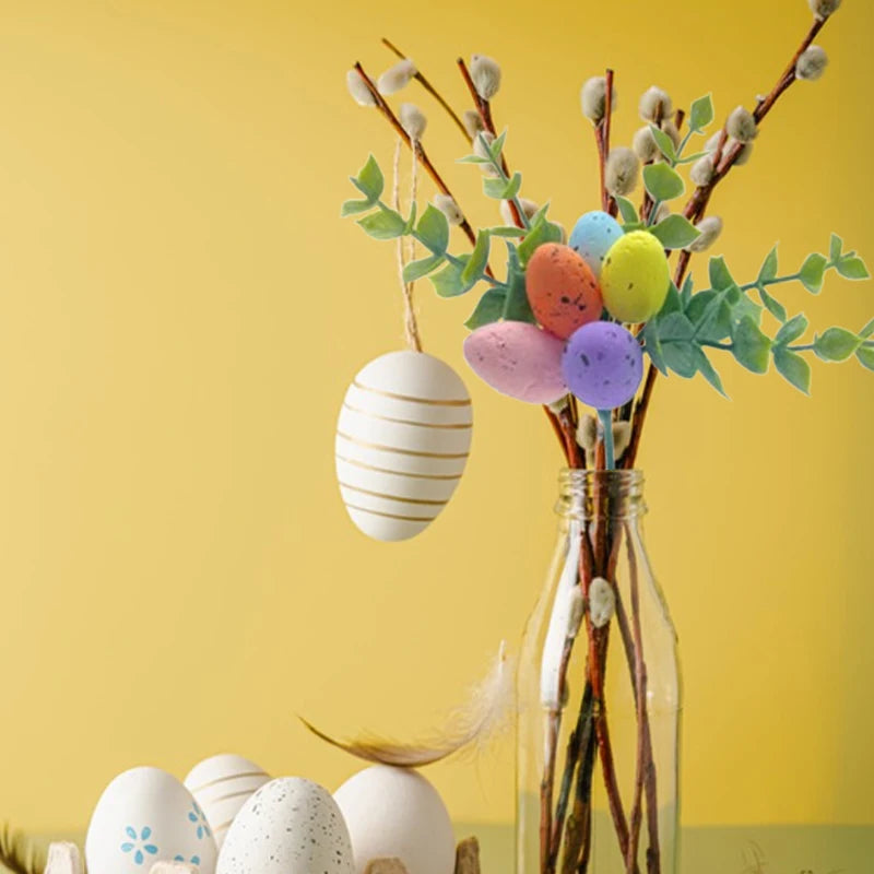 Easter Egg Picks Set with Artificial Pastel Eggs and Green Leaf Branches for Home Decor and Spring Celebrations