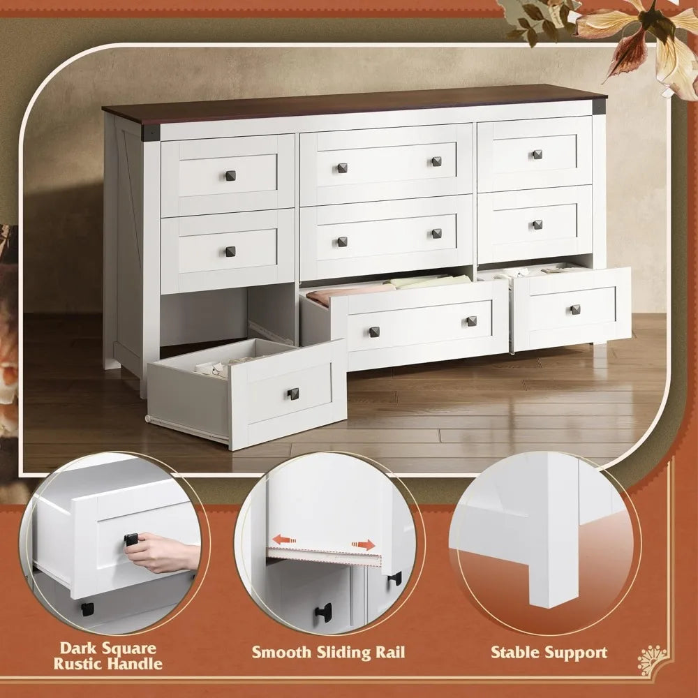 Farmhouse Dresser for Bedroom, 63" Wide 9 Drawer Dresser Storage Organizer, Wood Chest of Drawers for Bedroom, TV Stand