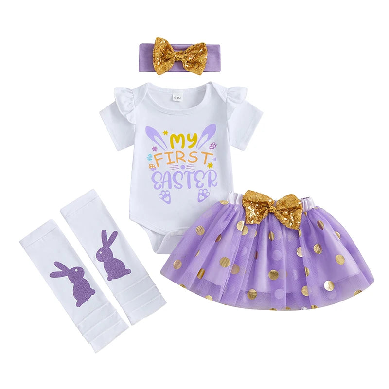 Toddler Easter Outfit Bunny Printed Short Sleeve Romper Suspender Pants Bow Socks Spring Set for Baby Boy