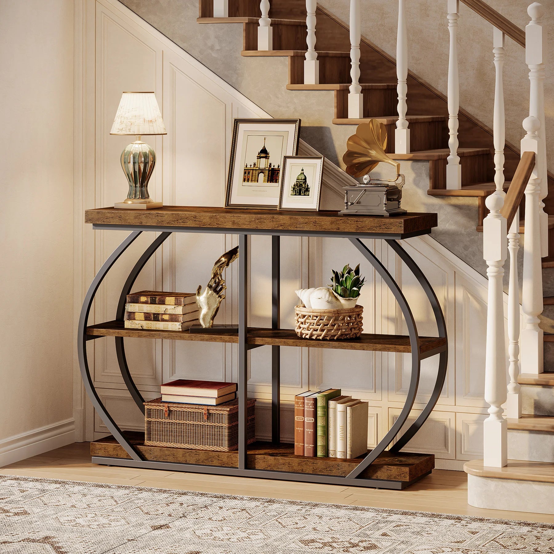 Tribesigns 41.3" Console Table, Industrial 3-Tier Entryway Table with Arched Metal Frame and Storage Shelves for Living Room
