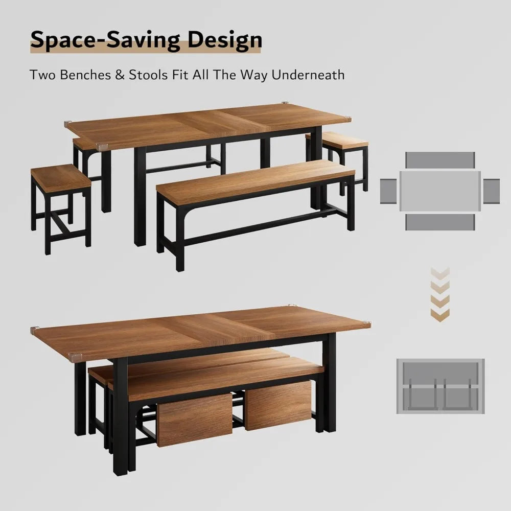 5-Piece Dining Table Set for 4-8 People, Extendable Kitchen Table Set with 2 Benches and 2 Square Stools, Mid-Century