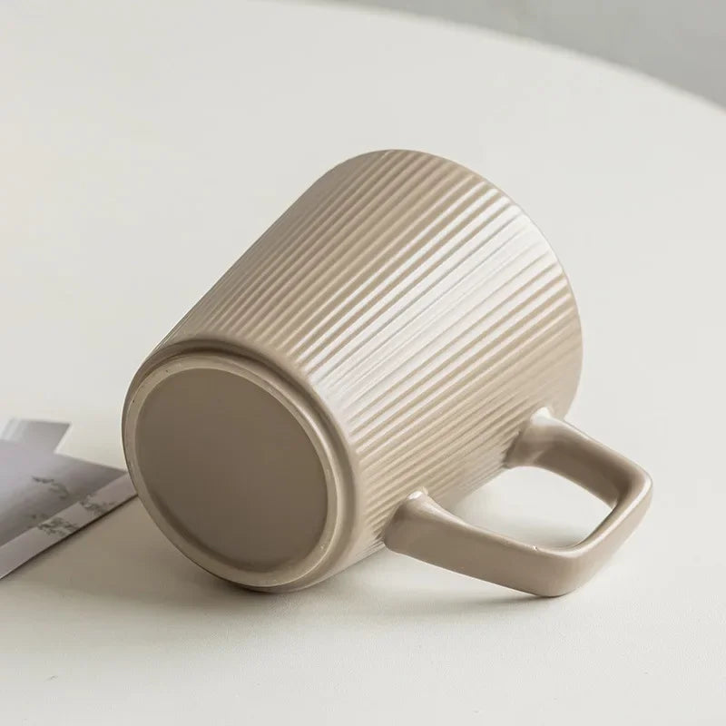 Coffee Cup Vintage Style Striped with Handle Simple Ceramic High Capacity Milk Breakfast Mug for Household Office Water Cup
