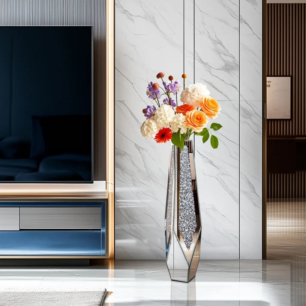 XL Floor Vase for for Dried Flower, 86cm Tall Sparkle Diamond Vase with Mirrored Bevelled Border, Open Base
