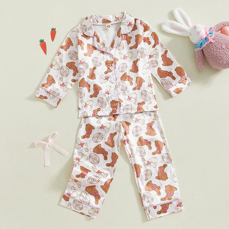 Toddler Girl Easter Satin Pajama Set with Bunny and Carrot Print Long Sleeve Button-up Tops and Pants Sleepwear Outfit 2 Piece