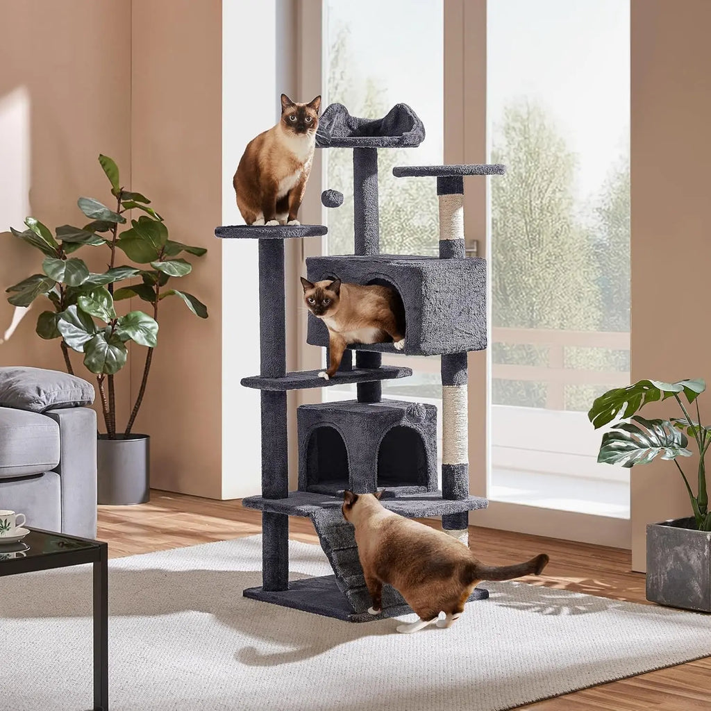 54in Cat Tree, Multi-Level Cat Tower With Spacious Kitten-ear Perch, 2 Cozy Caves, Scratching Posts, Climbing Ladder, 2 Plush Ba