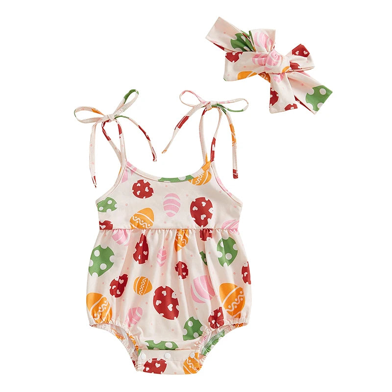 Toddler Girls Spring Floral Print Sleeveless Romper with Matching Headband Set for Easter Celebration and Playdates