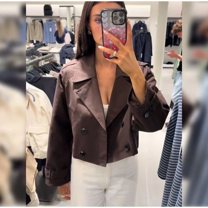 Solid Double-breasted Short Windbreaker Women Fashion Lapel Long Sleeve Slim Thin Jackets 2025 Autumn Female High Street Outwear