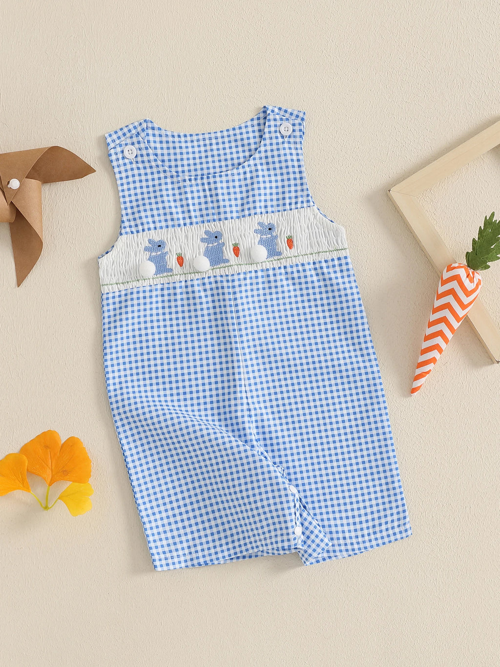 Adorable Toddler Girls Easter Outfits Bunny Print Sleeveless Rompers Plaid Overalls Jumpsuits with Carrot Embroidery