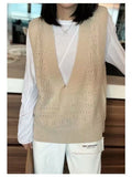 V-Neck Hollowed Out 100% Wool Knitted Vest For Women In AutumnWinter Loose Solid Color Korean Fashion Pullover Sweater Vest Top