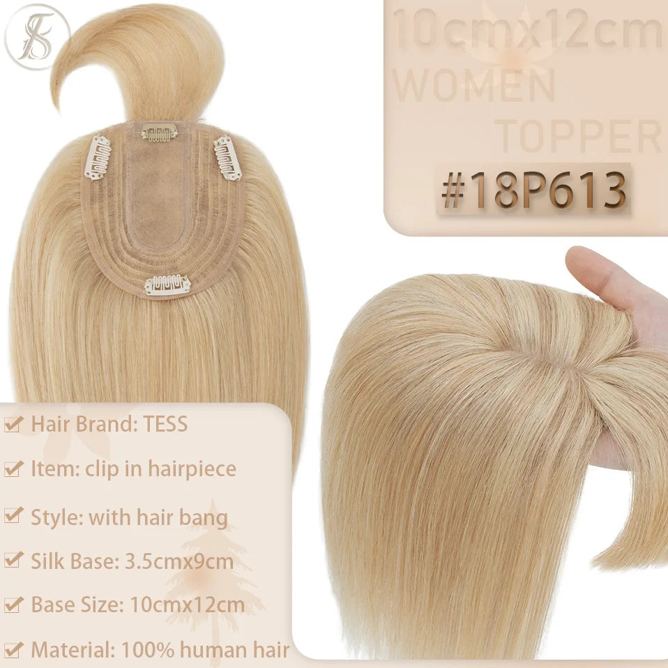 TESS Women Topper 10x12cm Hair Clips Hair Topper Natural Hair Wigs 100% Human Hair Silk Base Clip In Hair Extension Blonde Women